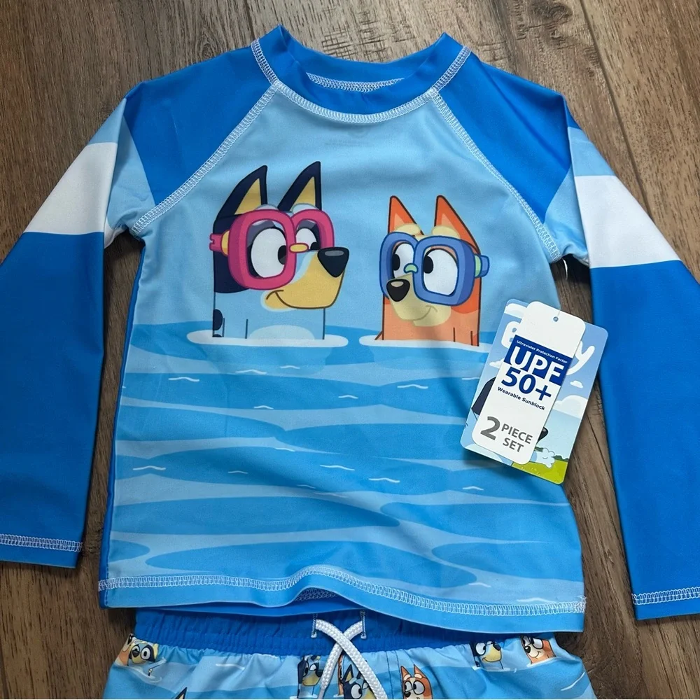 NWT!! Children’s Bluey Swim Outfit, UPF 50+, Swim Trunks, Rash Guard, Unisex, 3T